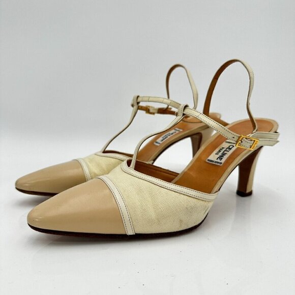 Celine Women Size EU 37.5 US 7 Cream Tan Pointed Toe T strap Heel Pump Sandal - Picture 1 of 16